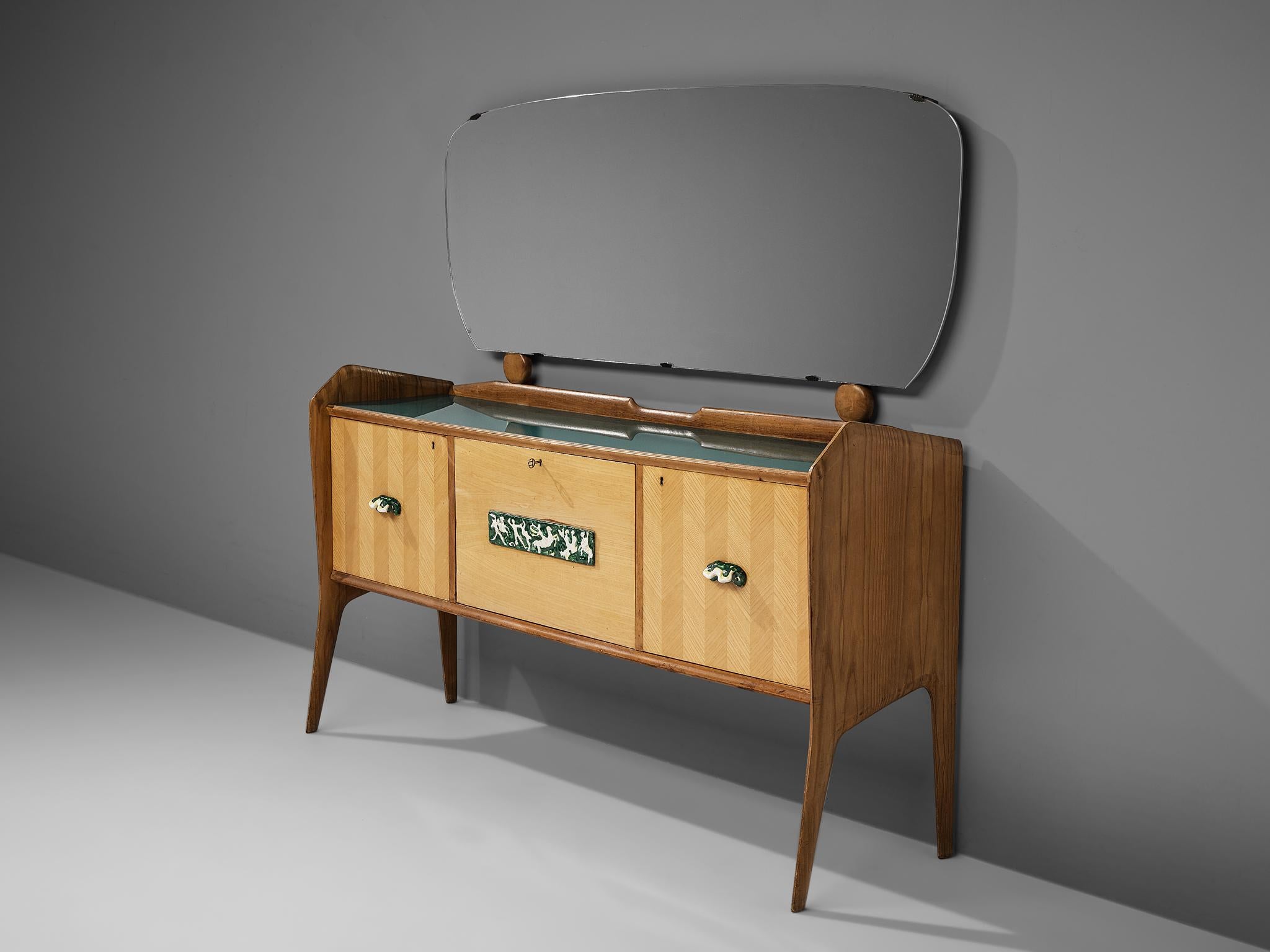 Brass Elegant Italian Sideboard with Mirror and Dry Bar in Ash