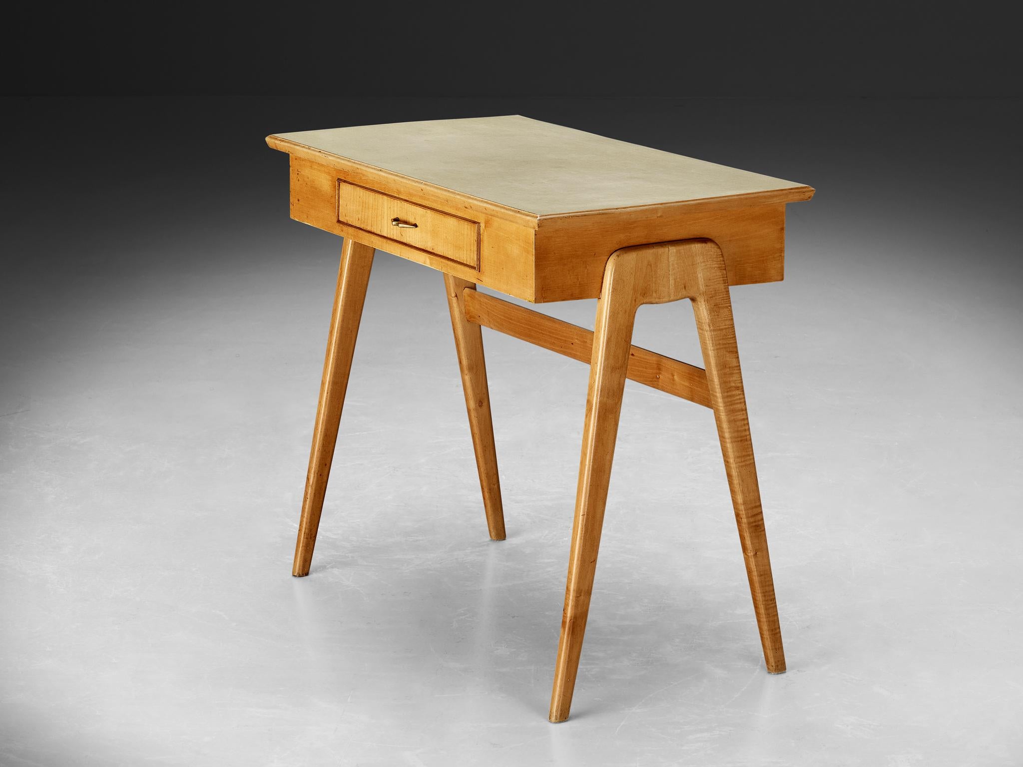 Writing desk, cherry, brass, formica, Italy, 1950s

Very elegant desk made in Italy in the 1950s. The framework is executed in cherry. The upper part of this piece is made from cherry veneer, and the top is inlayed with a very practical material: