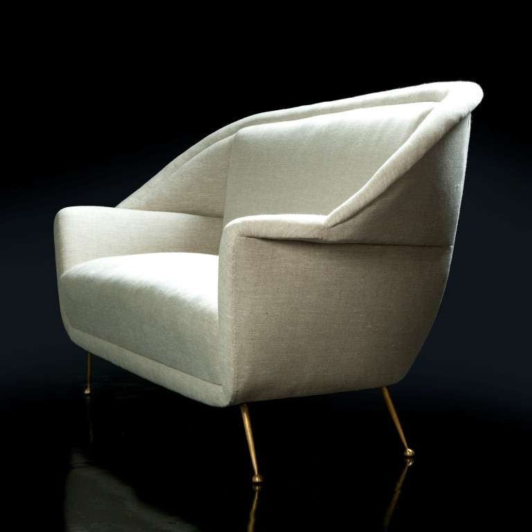 Elegant Italian sofa with brass legs reupholstered in linen.