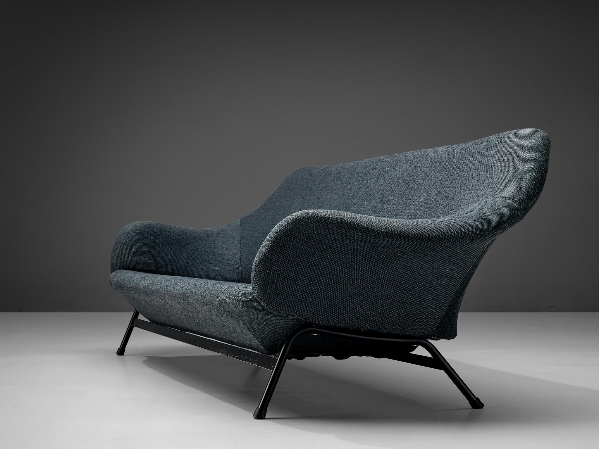 Mid-Century Modern Elegant Italian Sofa in Blue Upholstery and Metal