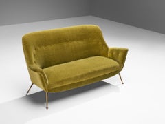 1950s Mid-Century Modern Italian Sofa in Moss Green Velvet and Brass