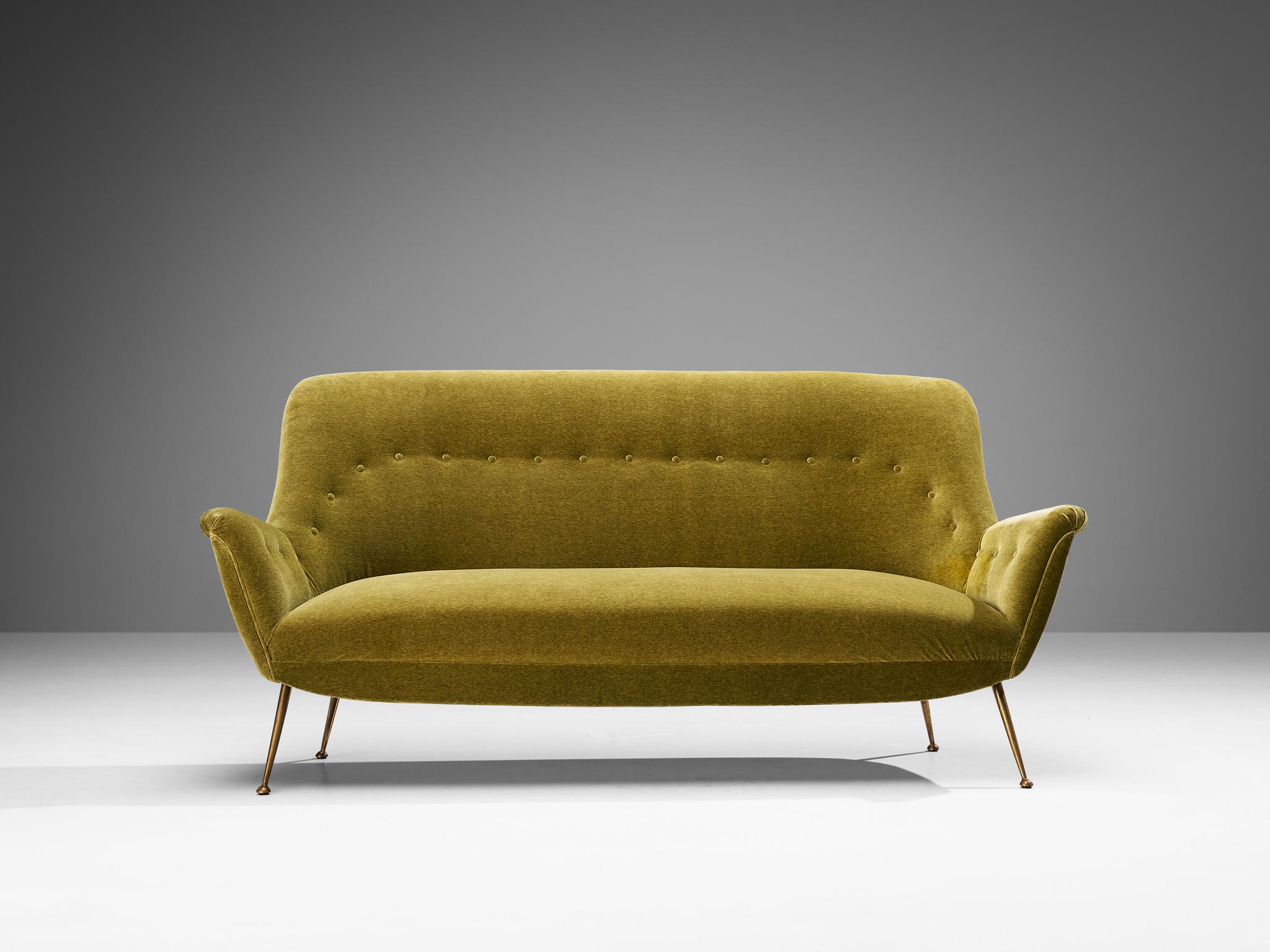 Mid-20th Century Elegant Italian Sofa in Moss Green Velvet and Brass  For Sale
