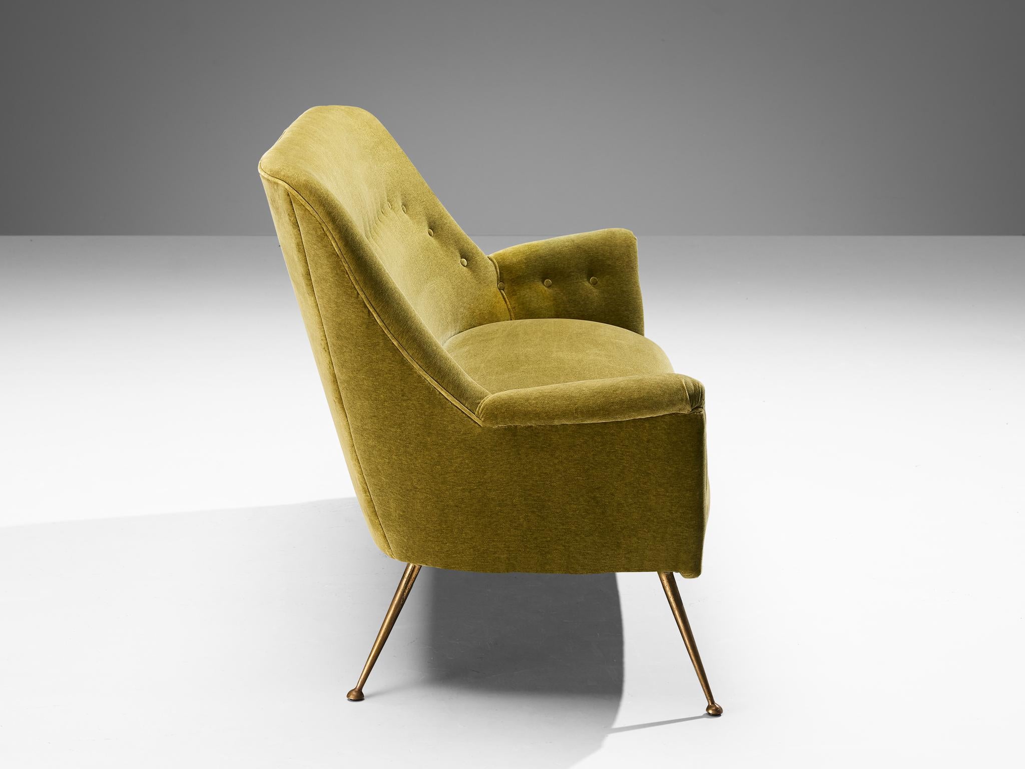 Elegant Italian Sofa in Moss Green Velvet and Brass  For Sale 2