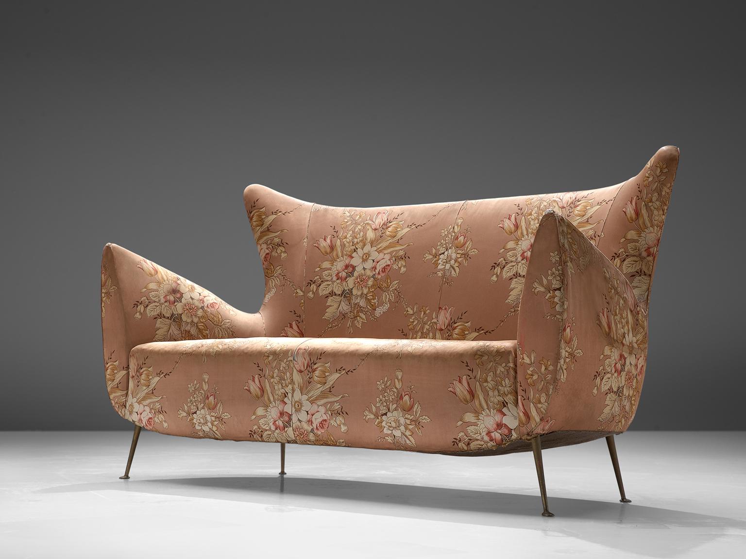 Mid-Century Modern Elegant Italian Sofa in Pink Floral Upholstery