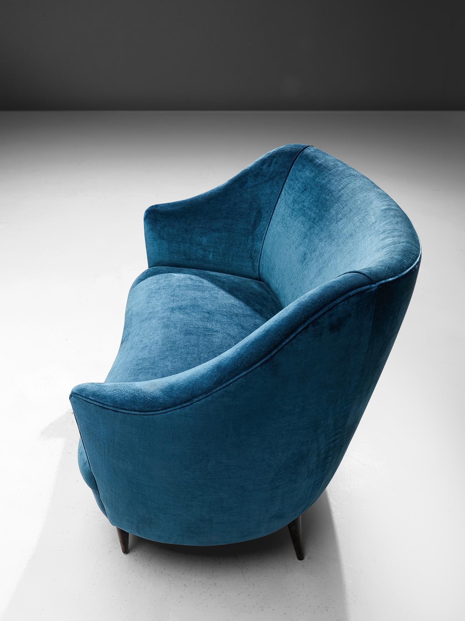 Mid-Century Modern Elegant Italian Sofa in Prussian Blue Upholstery