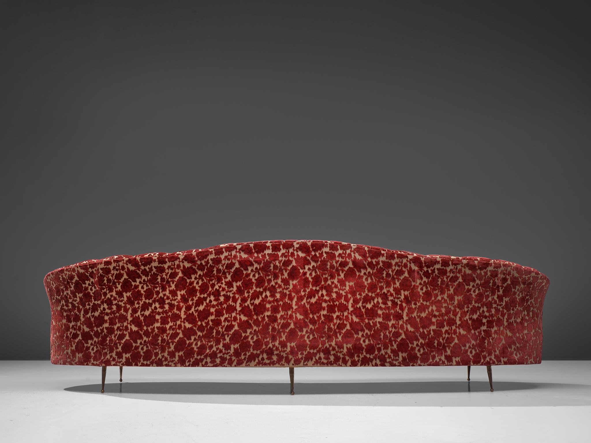 Mid-Century Modern Elegant Italian Sofa in Red Floral Upholstery