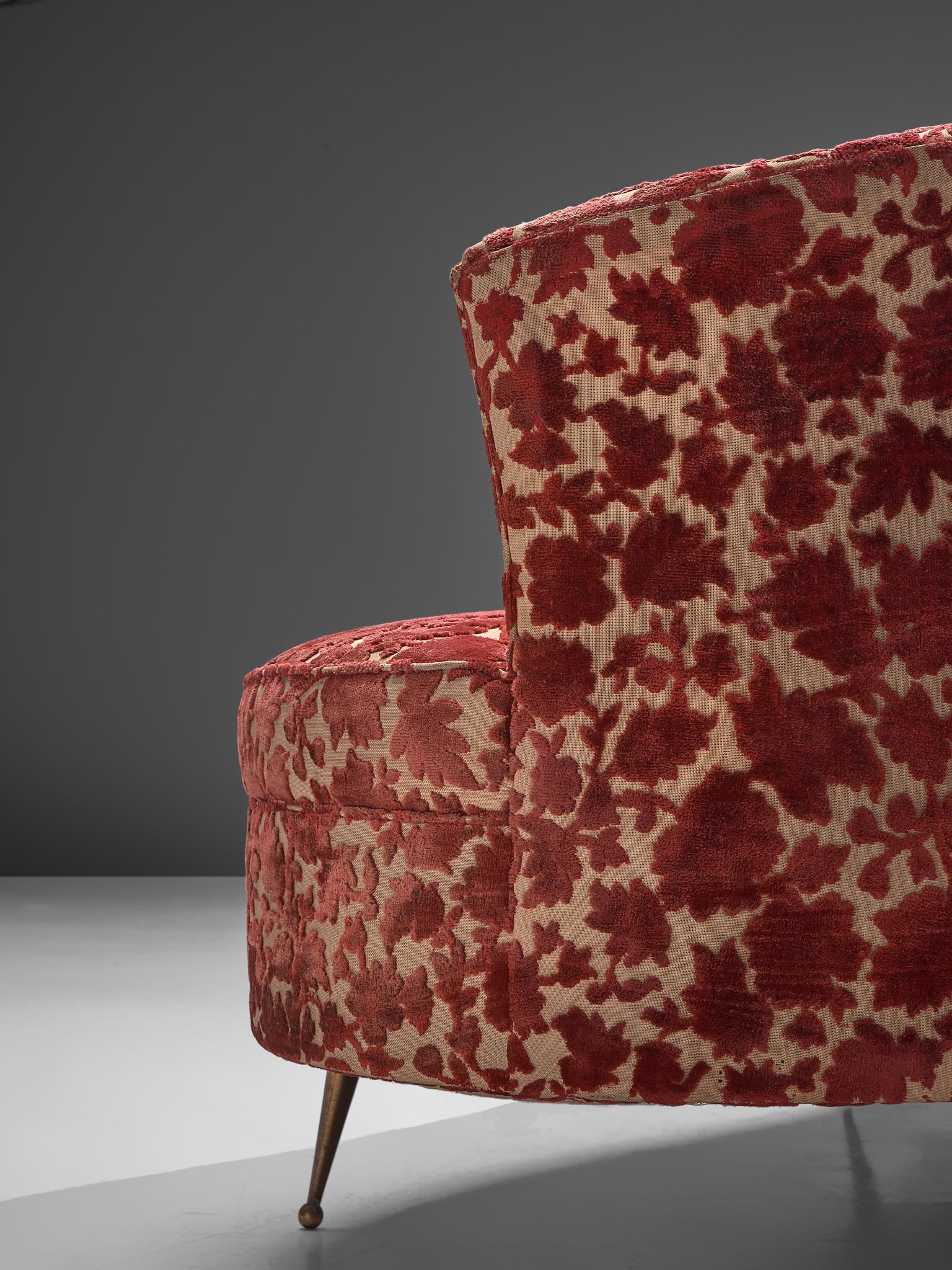 Brass Elegant Italian Sofa in Red Floral Upholstery