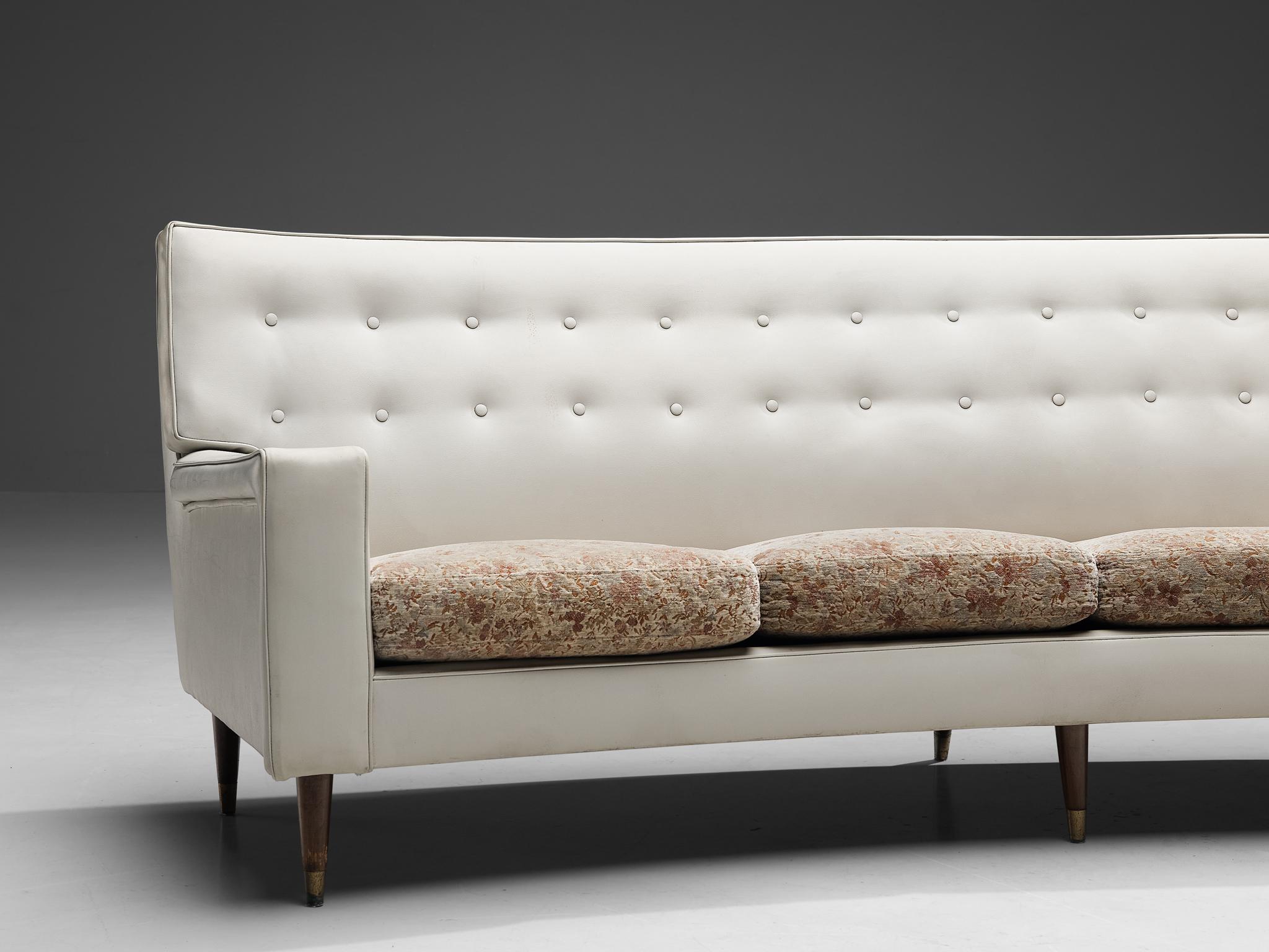 Elegant Italian Sofa in White Leatherette and Floral Upholstery For Sale 3