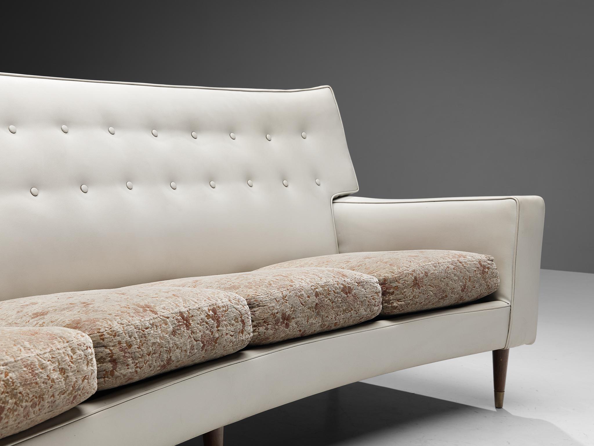 Brass Elegant Italian Sofa in White Leatherette and Floral Upholstery For Sale