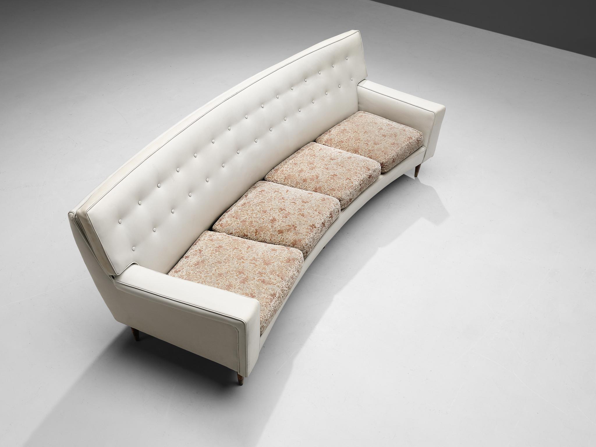 Elegant Italian Sofa in White Leatherette and Floral Upholstery For Sale 1