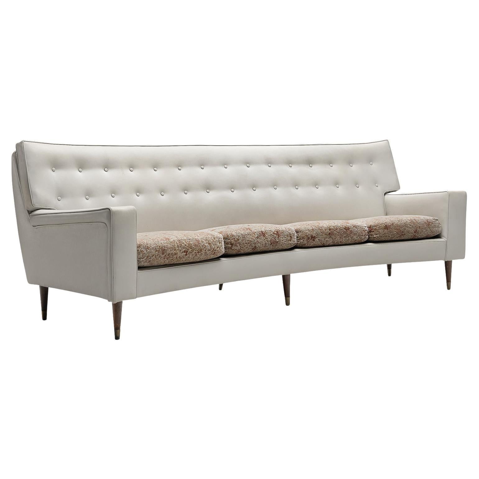 Elegant Italian Sofa in White Leatherette and Floral Upholstery