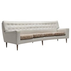 Vintage Elegant Italian Sofa in White Leatherette and Floral Upholstery