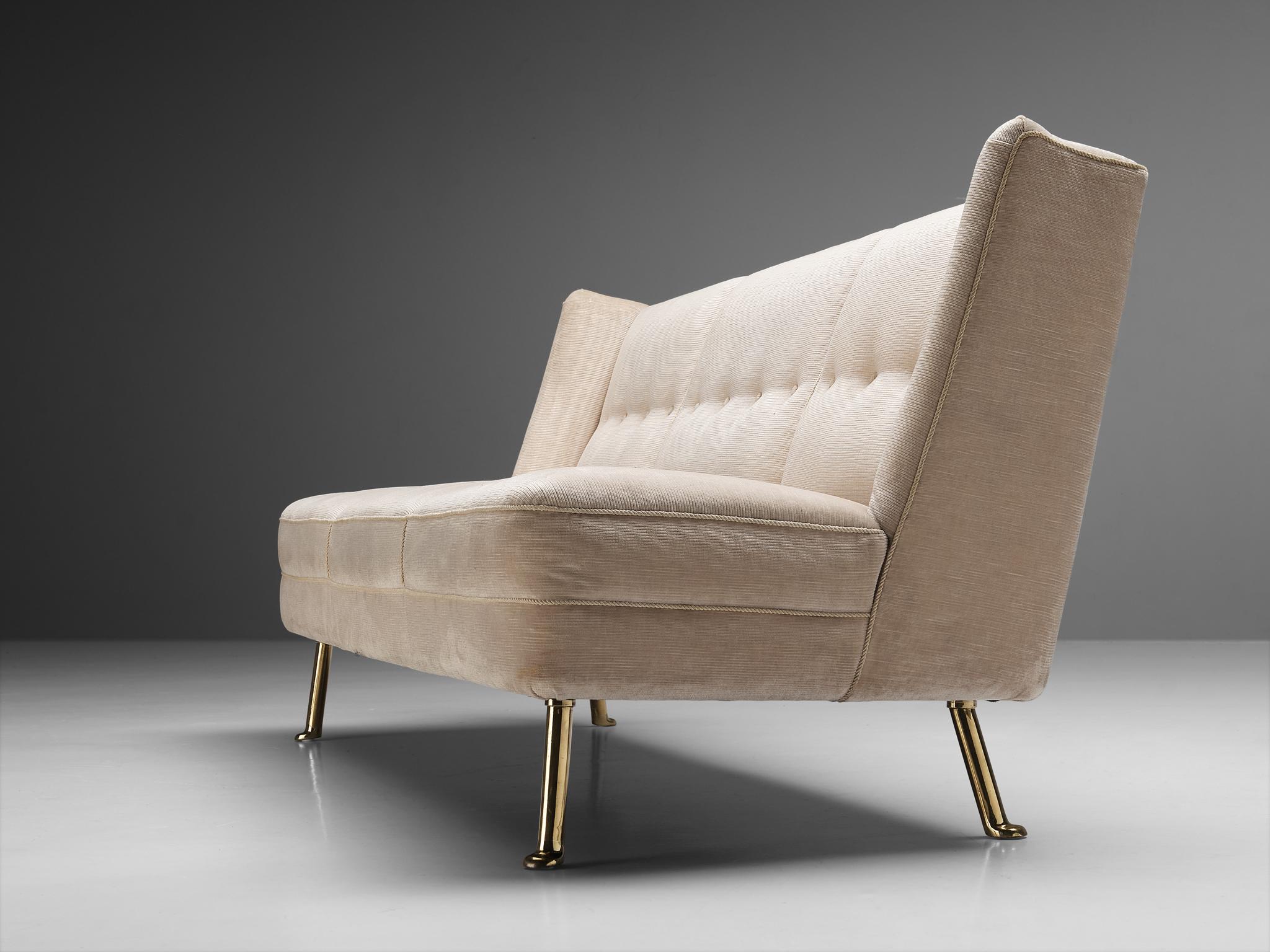 Mid-Century Modern Elegant Italian Three-Seat Sofa in Cream Velvet
