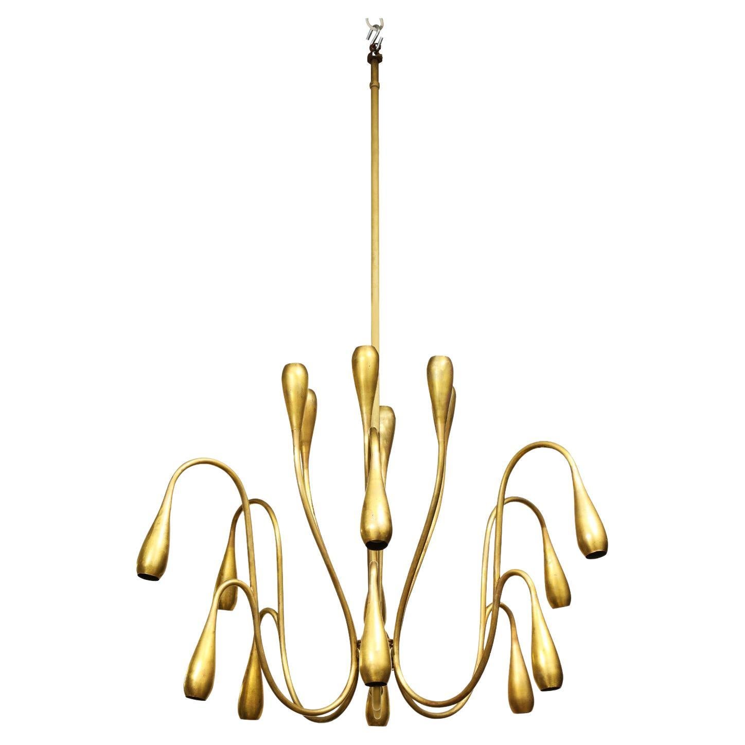 Elegant Tulip Arm Chandelier in Brass 1950s