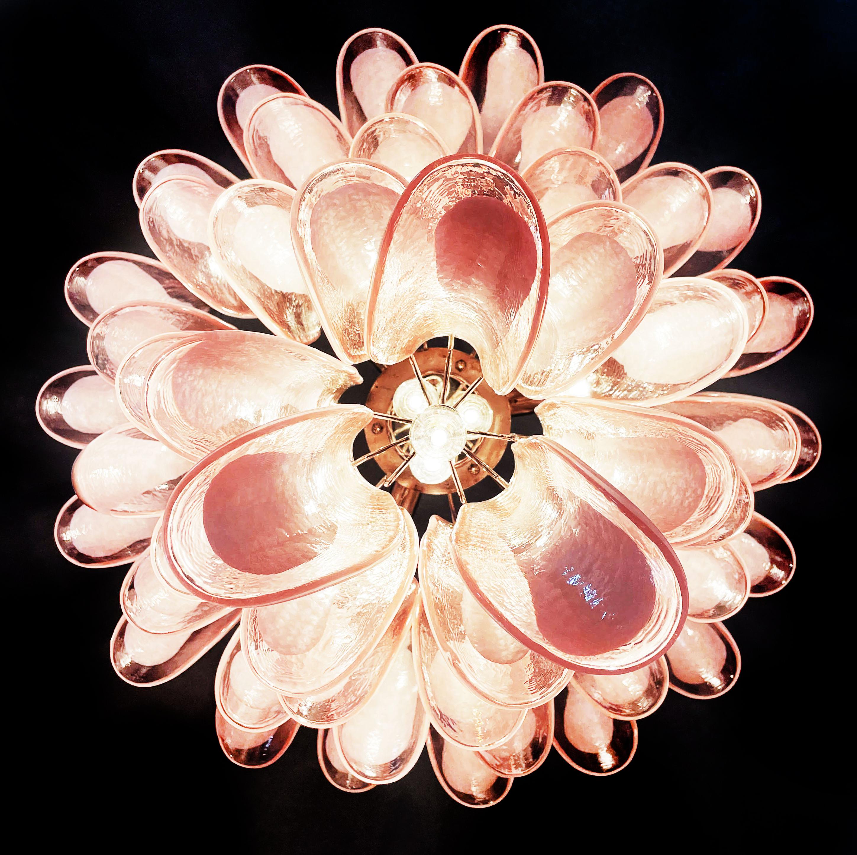 Metal Elegant Italian Vintage Murano Chandeliers, 52 Pink Glass Petals For Sale