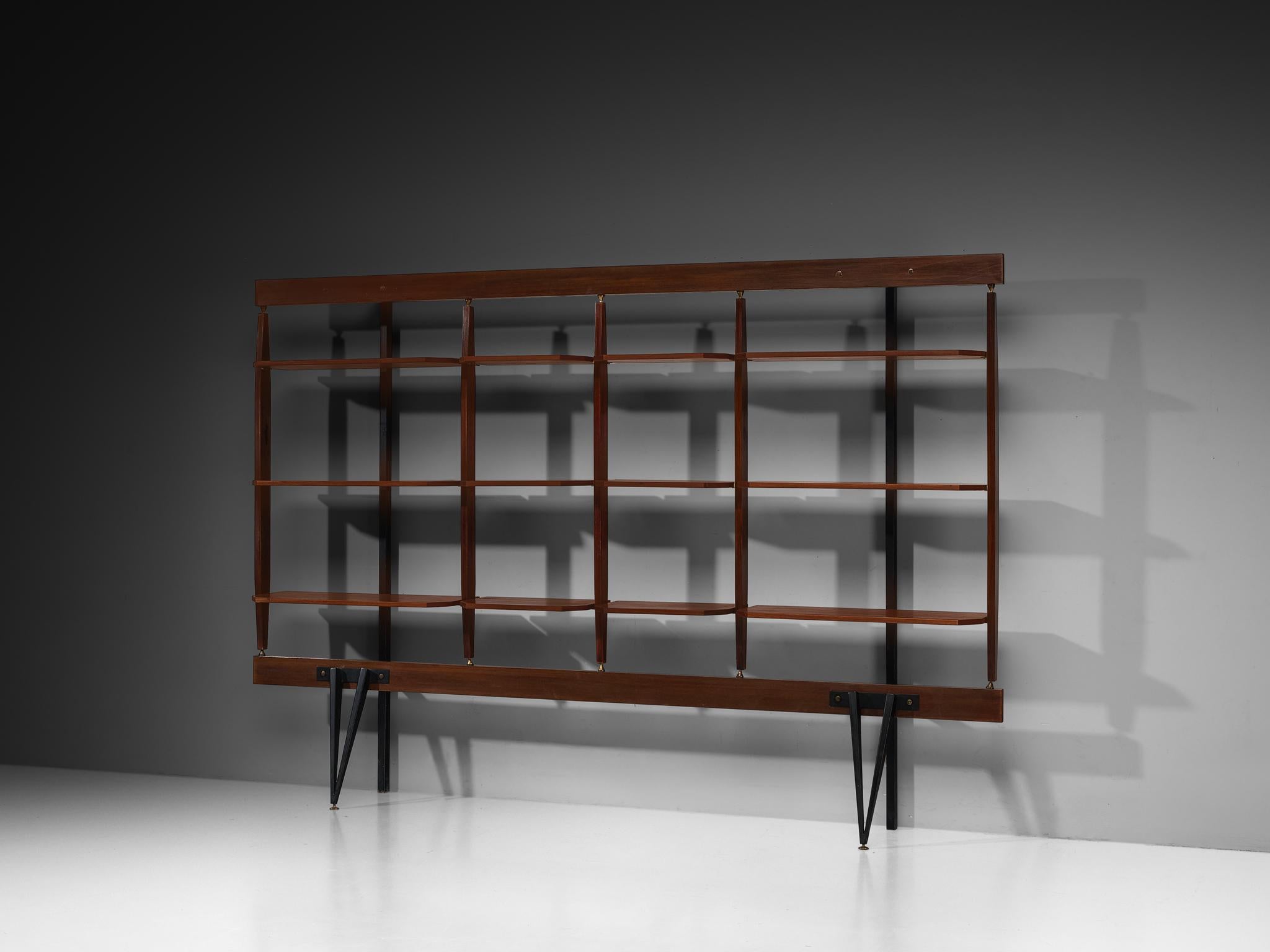 Elegant Italian Wall Unit in Teak, Brass and Steel For Sale 5