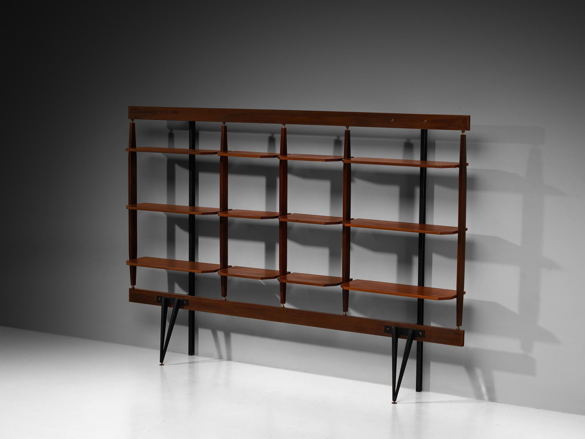 Art Deco Elegant Italian Wall Unit in Teak, Brass and Steel For Sale