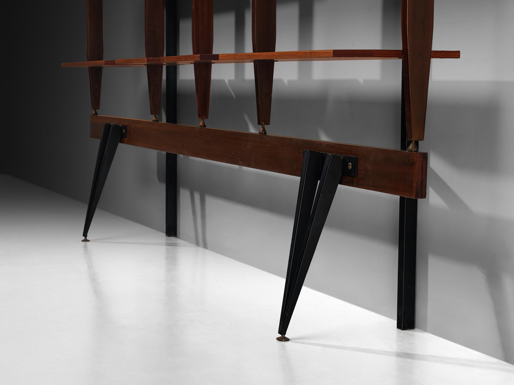 Mid-20th Century Elegant Italian Wall Unit in Teak, Brass and Steel For Sale
