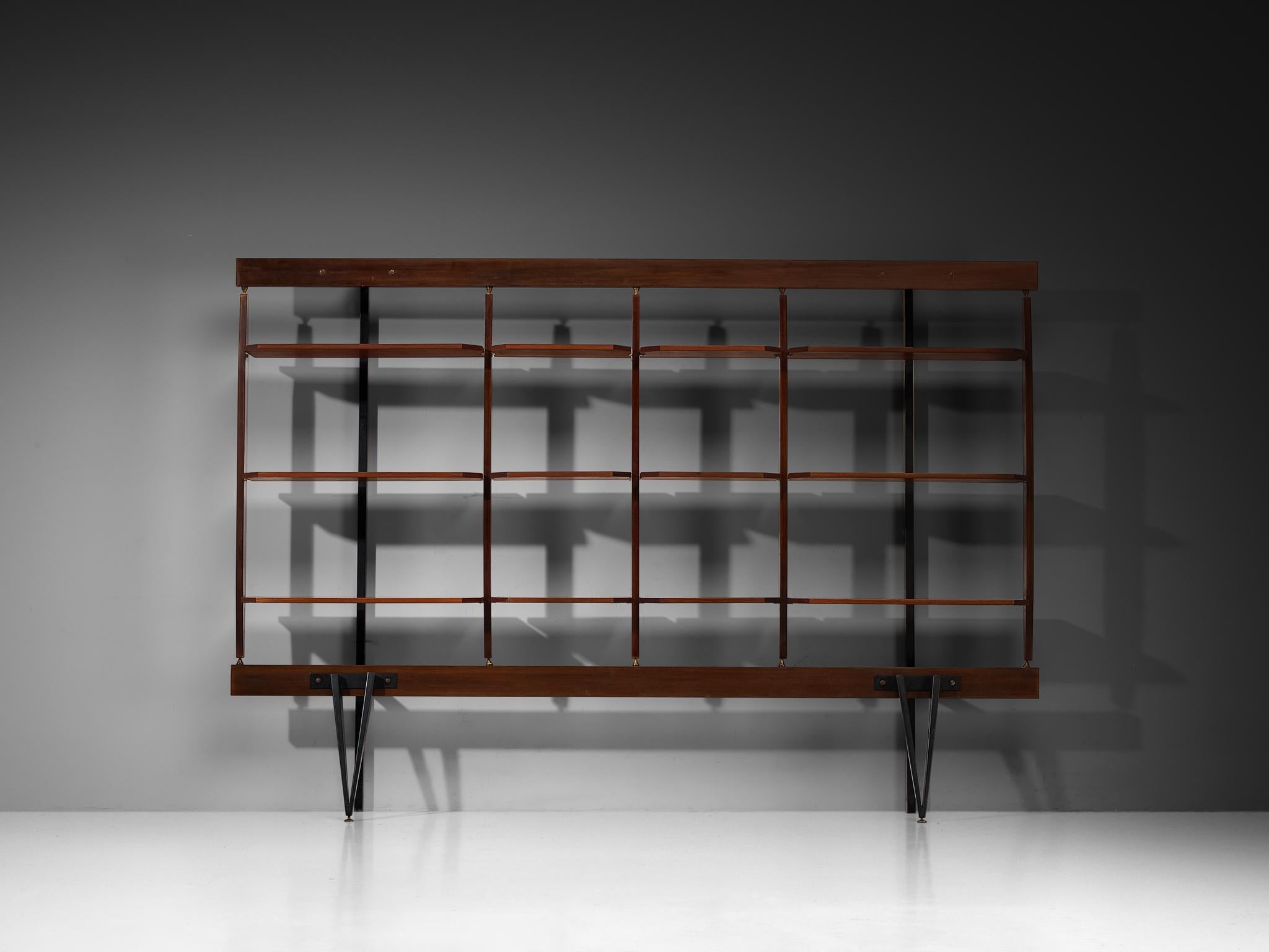 Elegant Italian Wall Unit in Teak, Brass and Steel For Sale 1