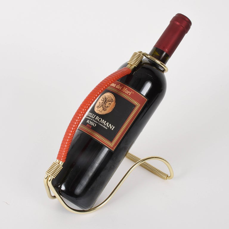 Elegant Italian Wine Pourer Italy 1960s, Golden Brass and Red Plastic