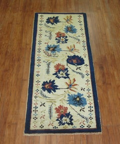 Elegant Ivory Blue Color Mid-20th Century Turkish Flower Motif Wool Runner
