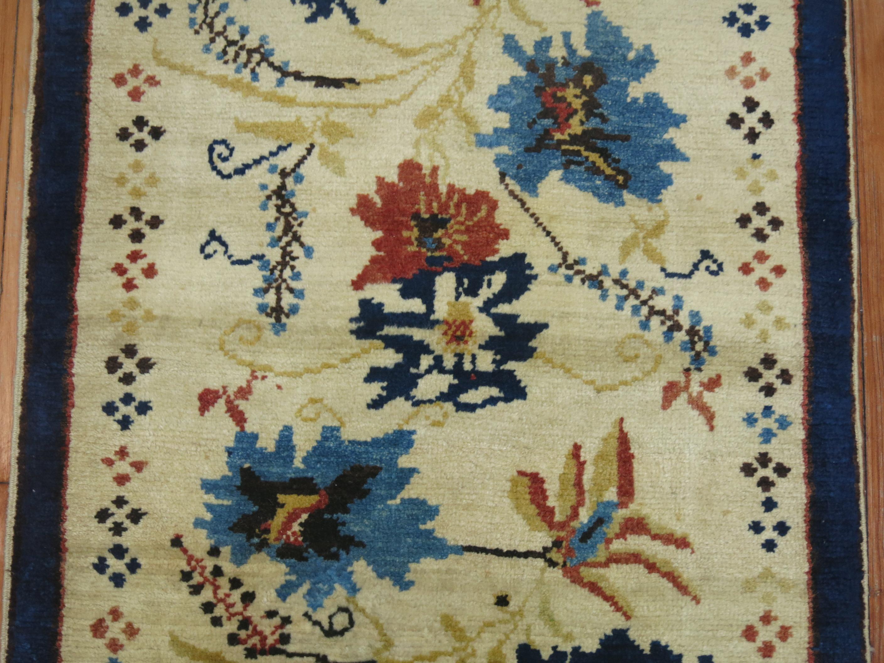 French Provincial Elegant Ivory Blue Color Mid-20th Century Turkish Flower Motif Wool Runner