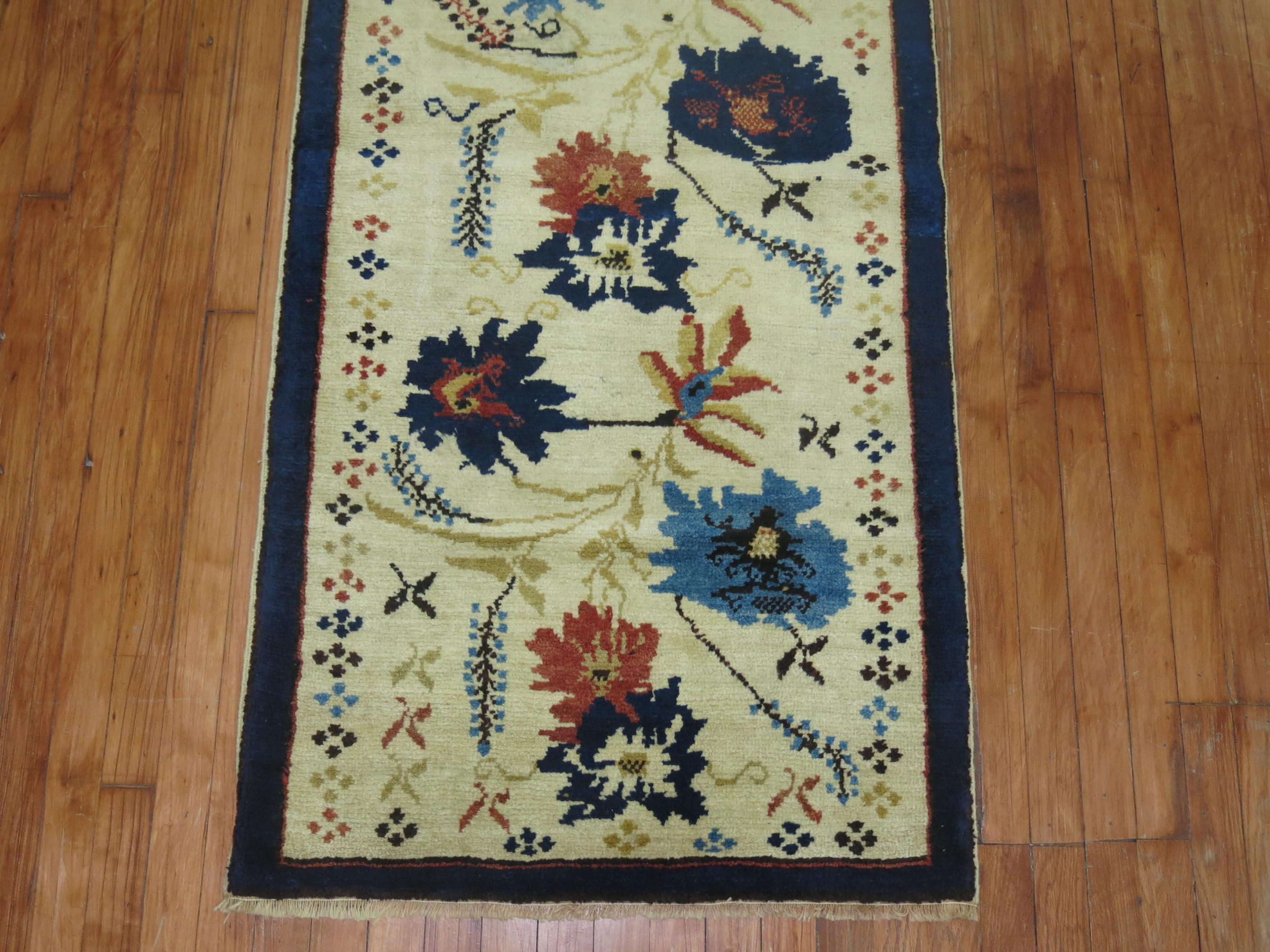 Hand-Knotted Elegant Ivory Blue Color Mid-20th Century Turkish Flower Motif Wool Runner