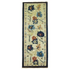 Antique Elegant Ivory Blue Color Mid-20th Century Turkish Flower Motif Wool Runner