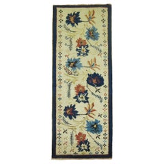 Elegant Ivory Blue Color Mid-20th Century Turkish Flower Motif Wool Runner