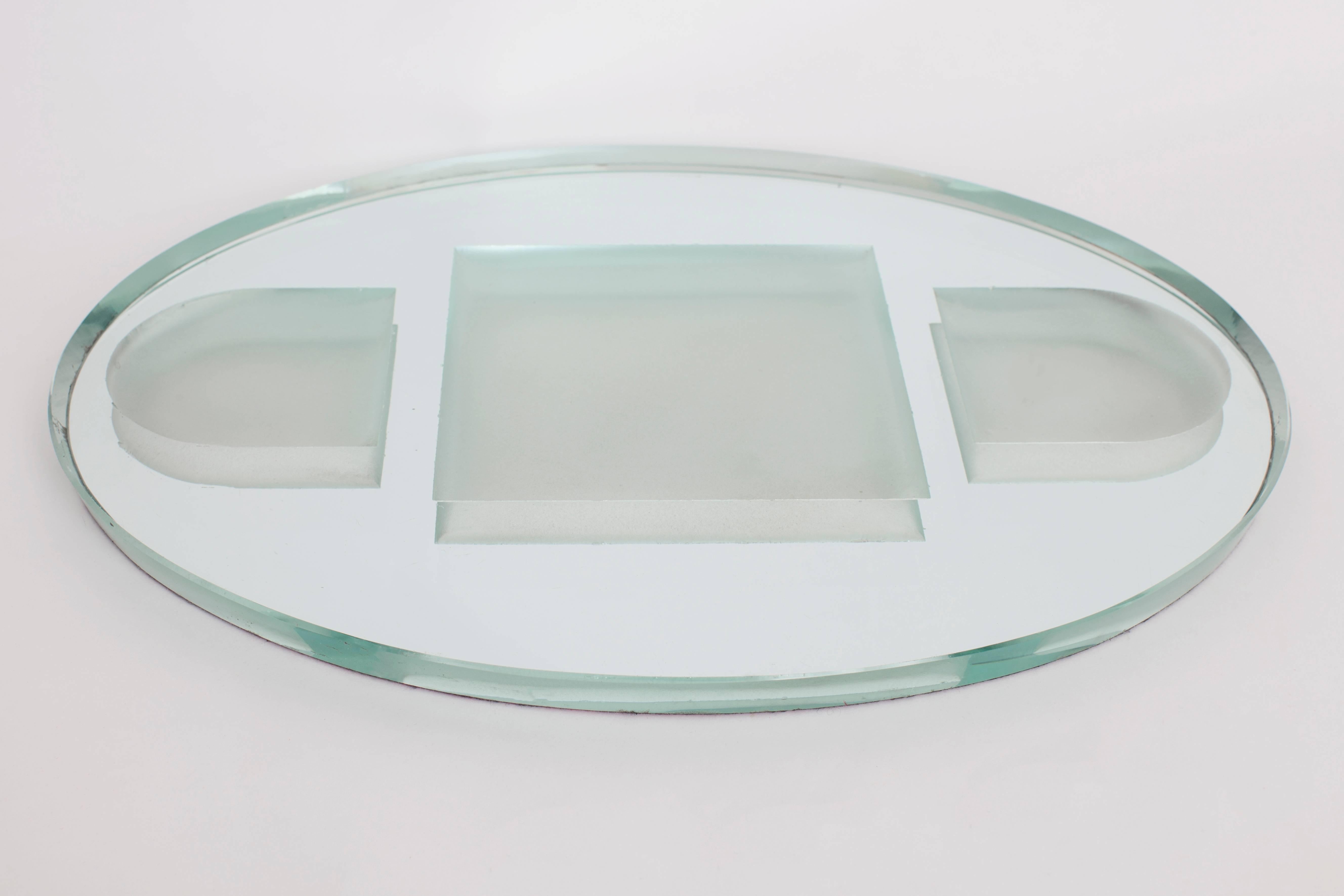 Art Deco Elegant Jean Luce Style Geometric Thick Oval Mirrored Tray, France 1950's For Sale