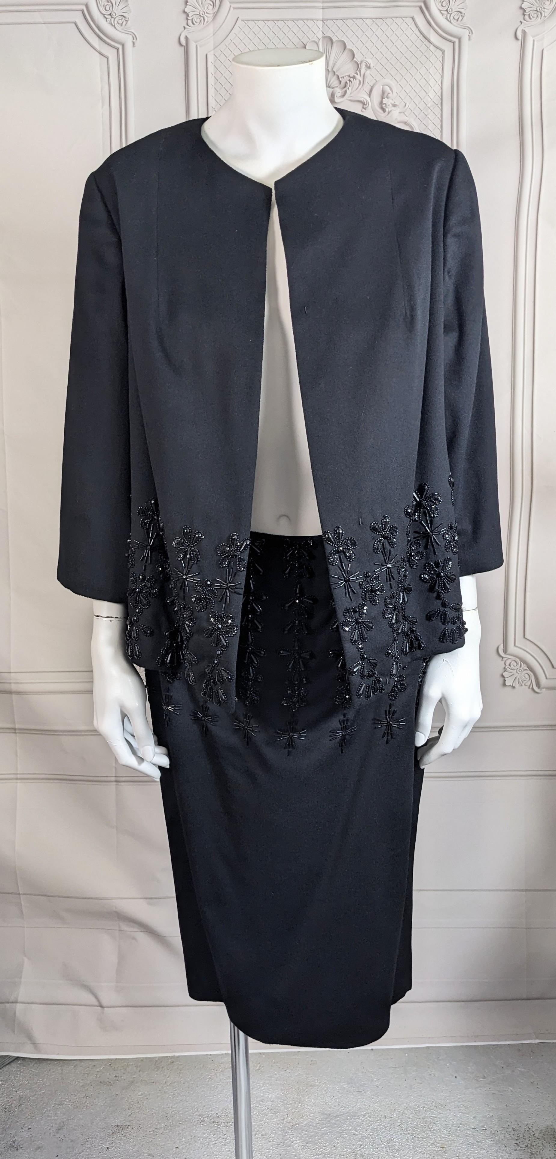 Black Elegant Jet Beaded Wool Velour Cocktail Ensemble For Sale