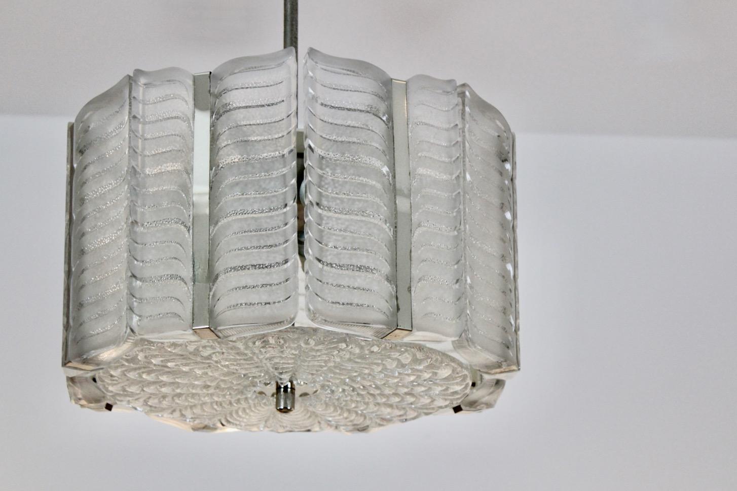 20th Century Elegant Kalmar Textured Glass and Nickel Pendant, Austria, 1950s For Sale