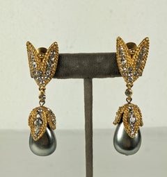 Elegant Kenneth Jay Lane Grey Pearl and Pave Earrings