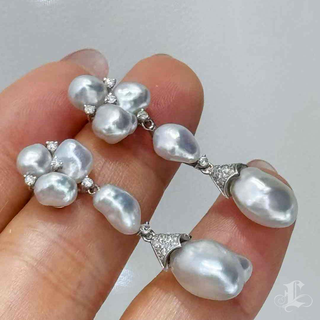 Square Cut Floral Cascade Aurora Keshi Pearl & Diamond Gala Earrings