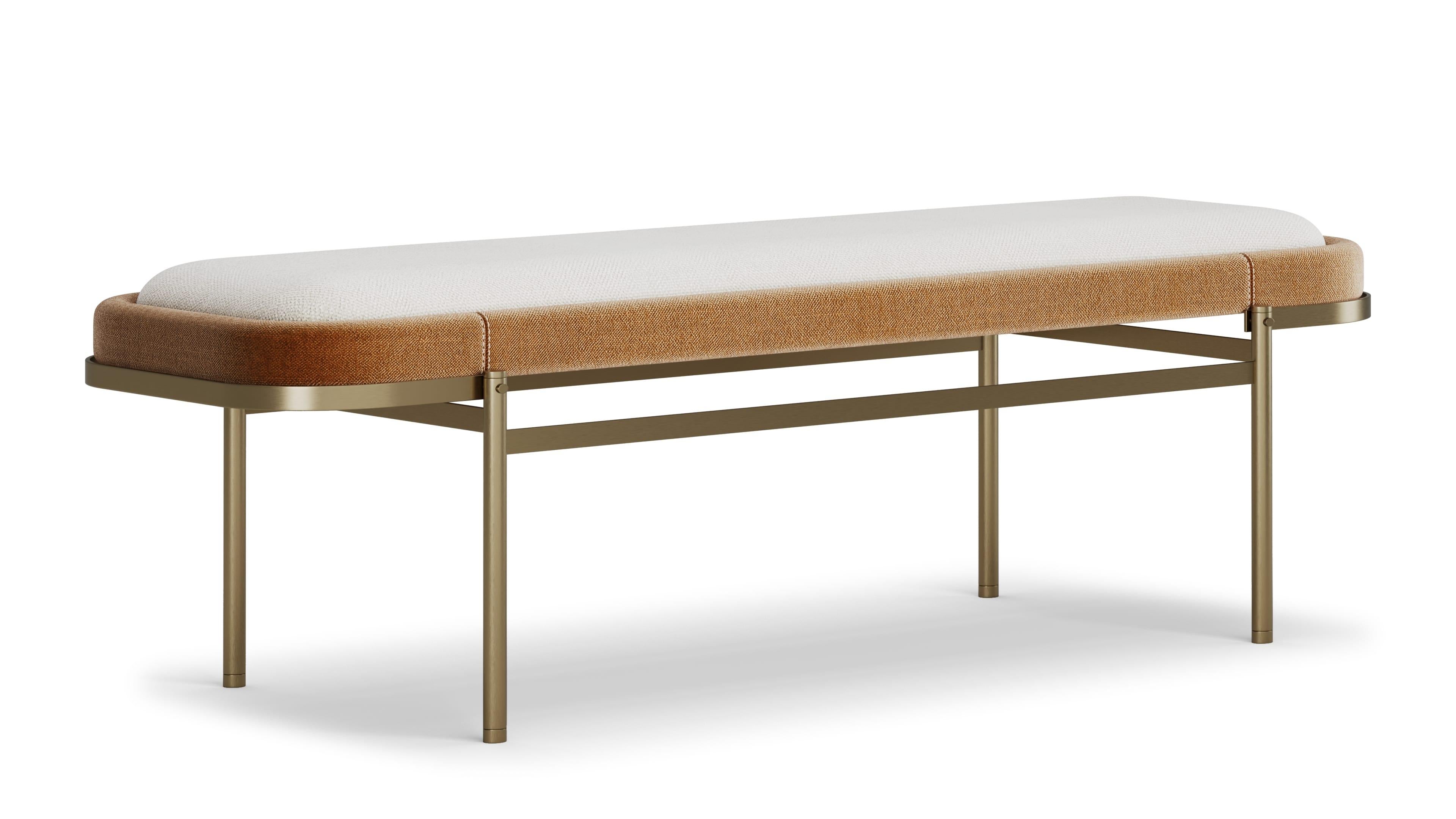 Klyne Bench is a refined study in contrasts,vivid yet restrained, minimal yet richly textured. Resting on four brushed metal legs, its clean architectural base creates a sense of lightness that perfectly balances the bench’s bold, two-tone