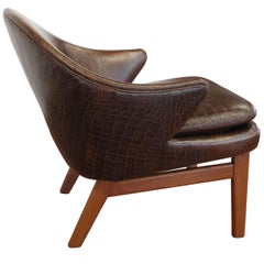 Elegant Kurt Olsen Armchair in Teak and Alligator Print Leather