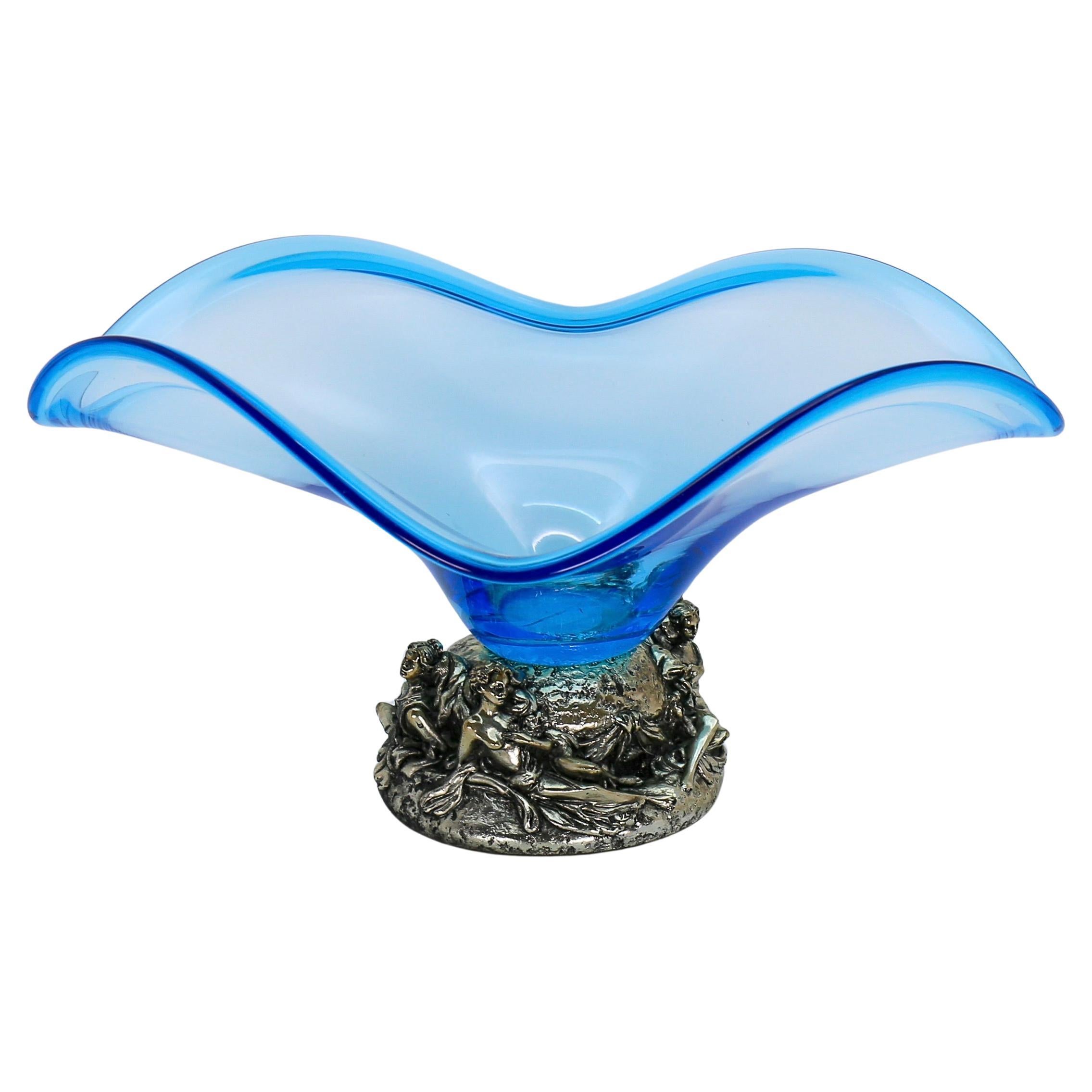 Elegant La Meridiana Murano Glass Bowl on Silver Base with 4 Relaxing Woman For Sale
