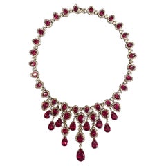 Elegant Lab-Created Ruby & CZ Teardrop Statement Necklace