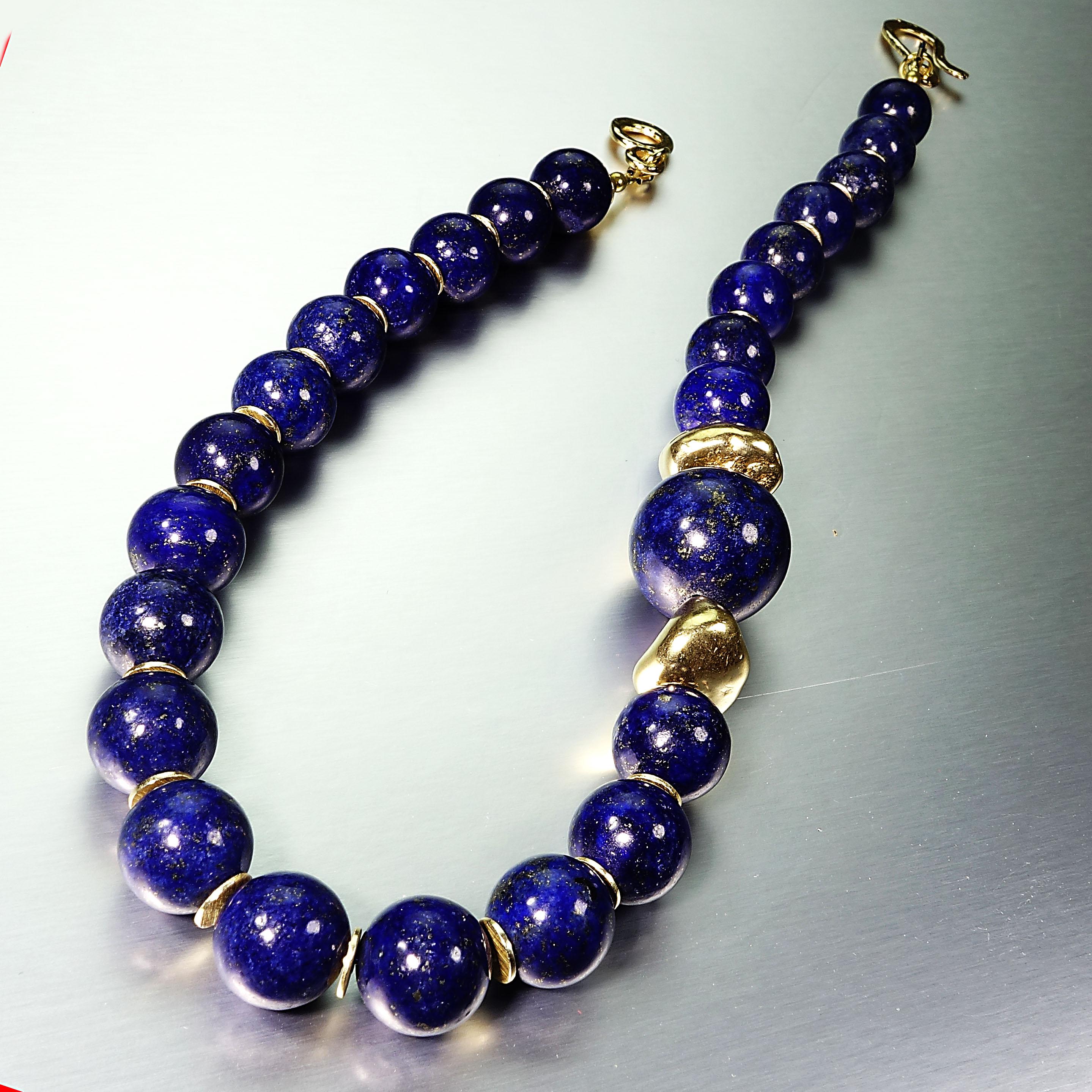 Women's or Men's  AJD 16 Inch elegant Lapis Lazuli Choker Necklace with Golden Nugget Focals