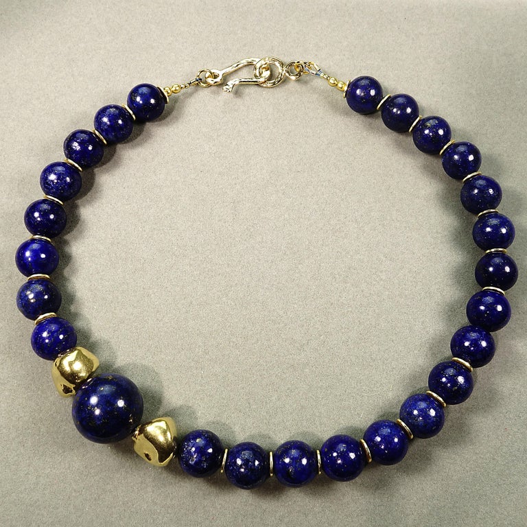 16 Inch elegant Lapis Lazuli Choker Necklace with Golden Nugget Focals ...