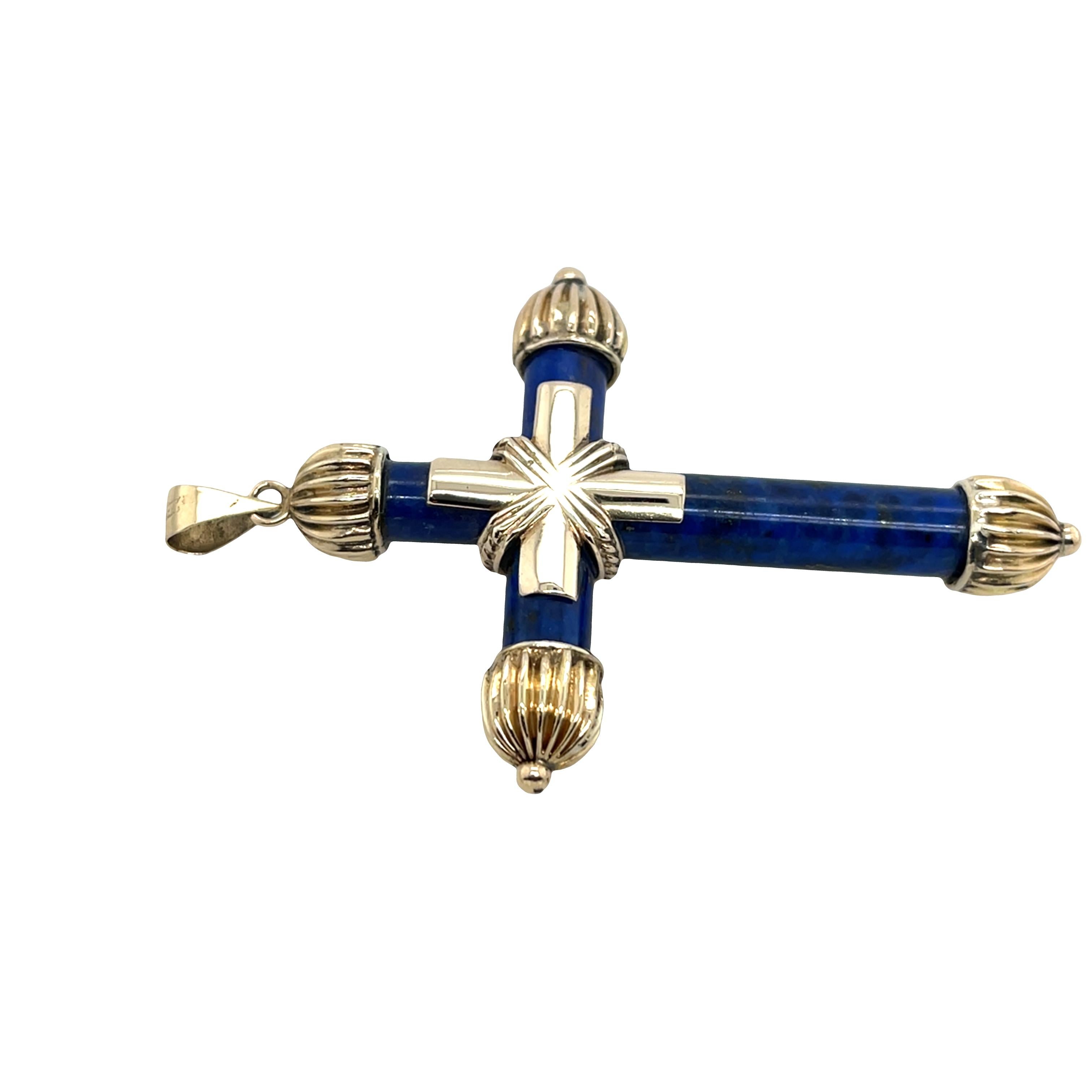Elegant pendentif croix en lapis-lazuli serti en or jaune 14ct Unisexe en vente