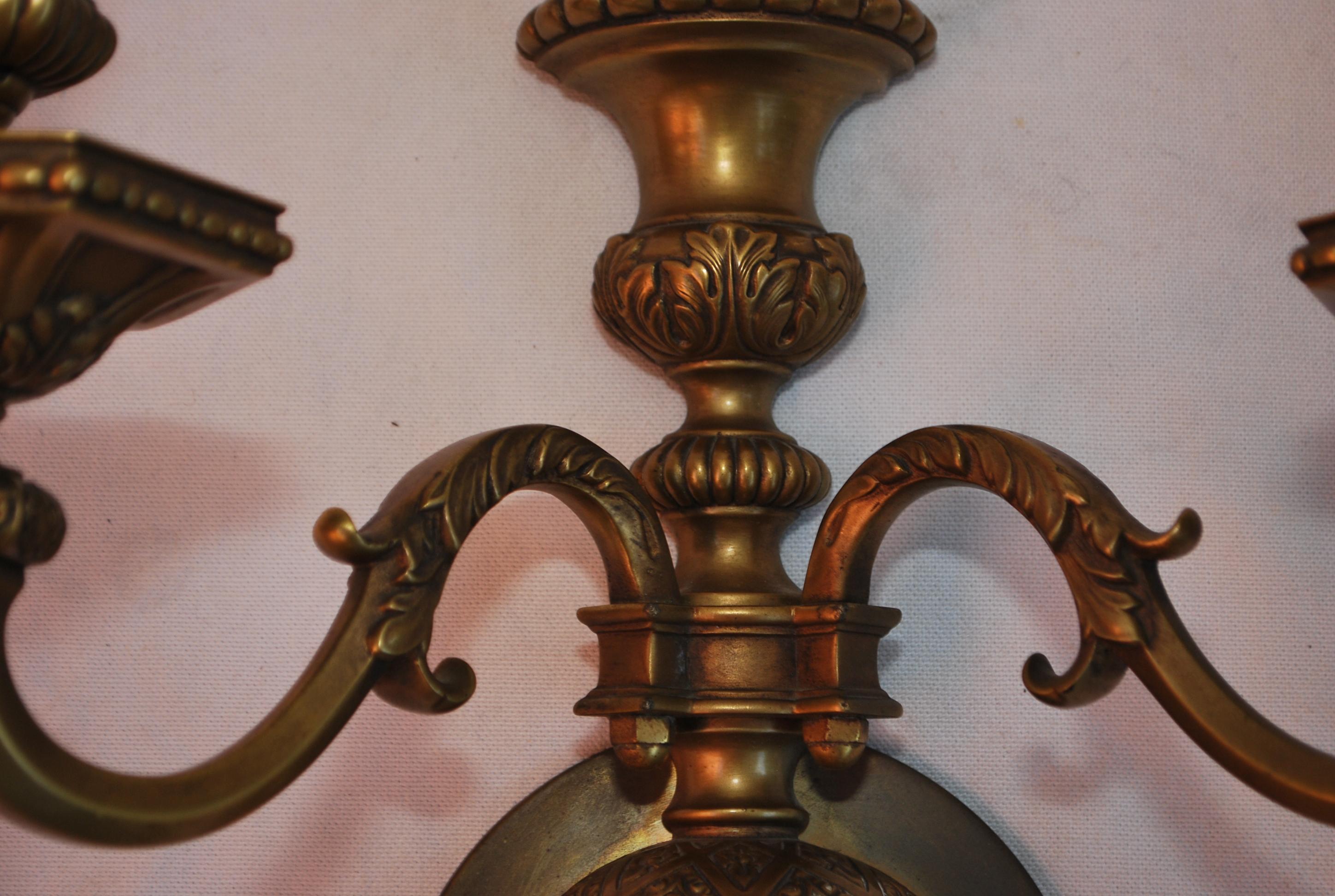 A beautiful large pair of 1920's brass sconces, they are quite heavy, the patina is so much nicer in person