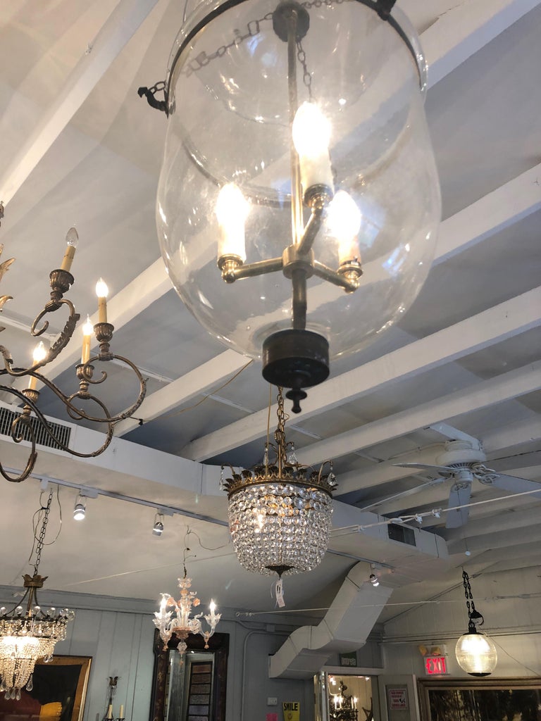 Elegant Large Antique Glass Hurricane Style Lantern Chandelier at