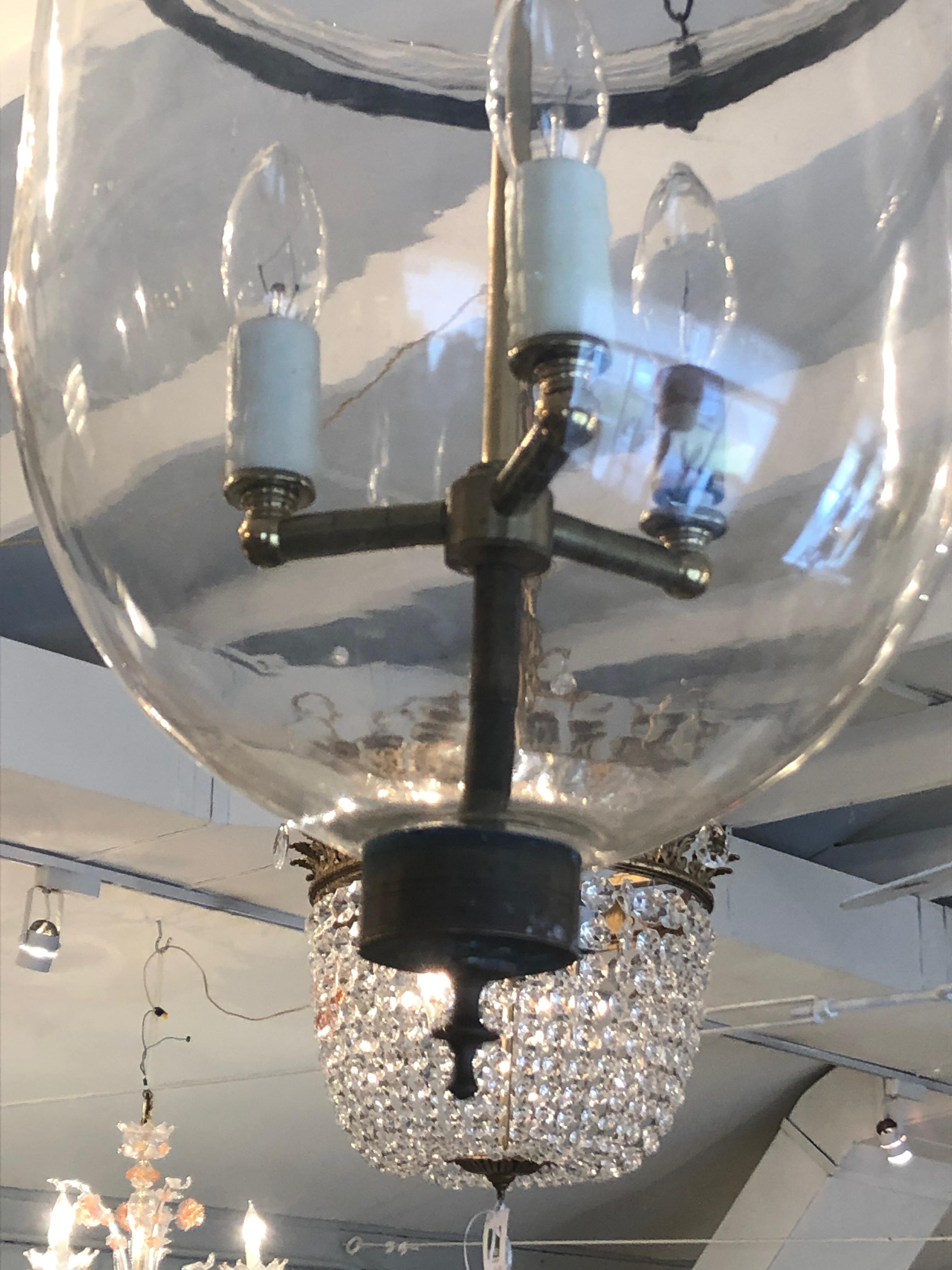 Elegant Large Antique Glass Hurricane Style Lantern Chandelier In Excellent Condition In Hopewell, NJ