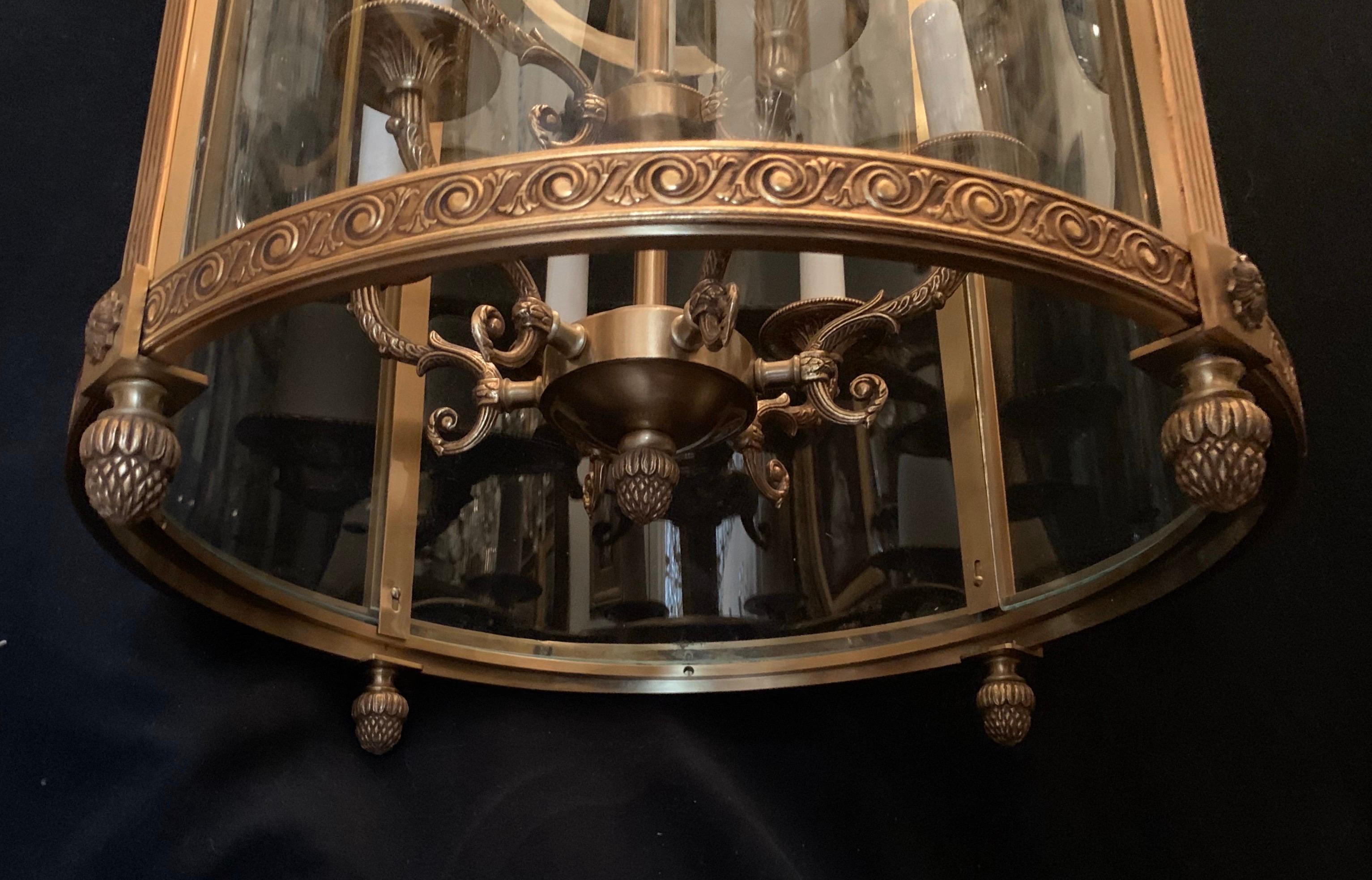 Elegant Large Bronze Louis XVI Neoclassical Lantern Fixture Curved Glass Panels 5