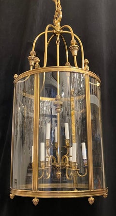Elegant Large Bronze Louis XVI Neoclassical Lantern Fixture Curved Glass Panels