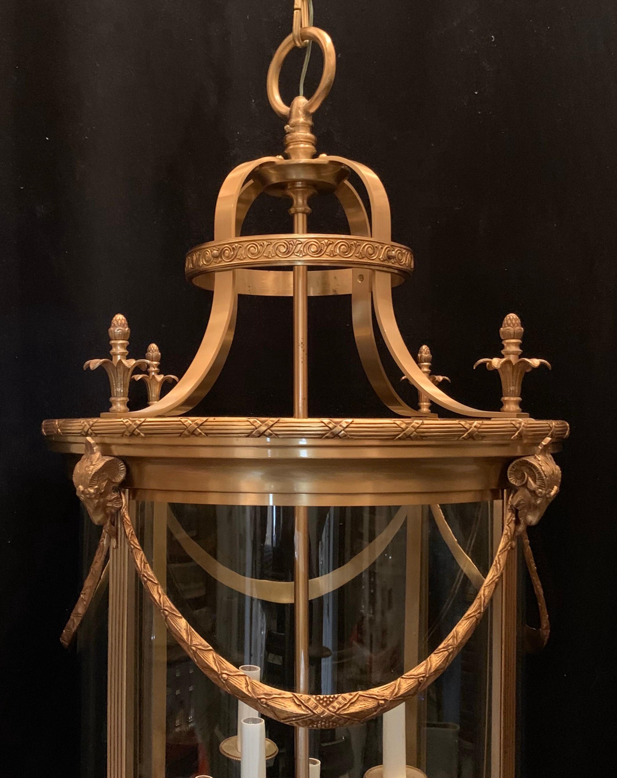Gilt Elegant Large Bronze Louis XVI Neoclassical Lantern Fixture Curved Glass Panels
