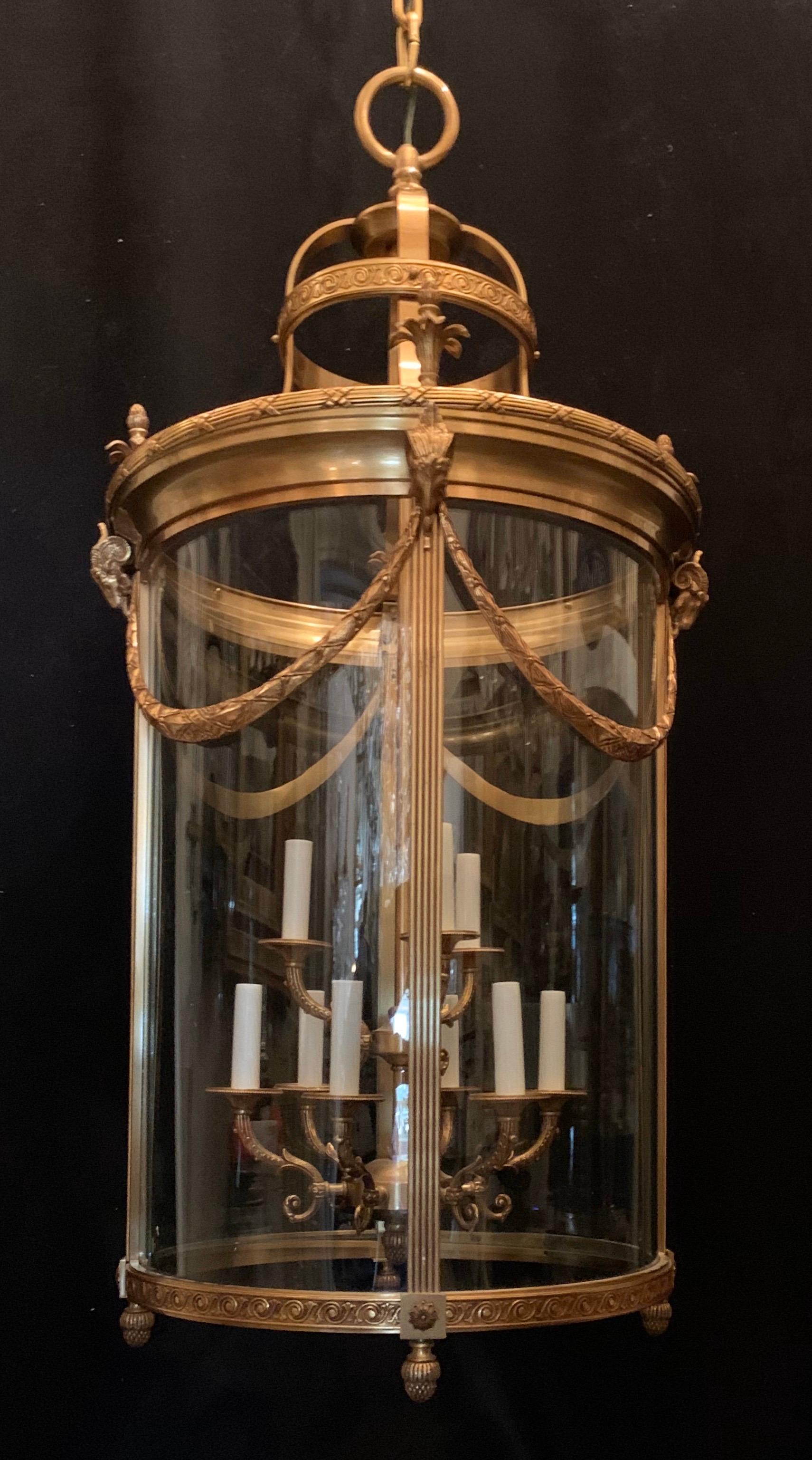 20th Century Elegant Large Bronze Louis XVI Neoclassical Lantern Fixture Curved Glass Panels