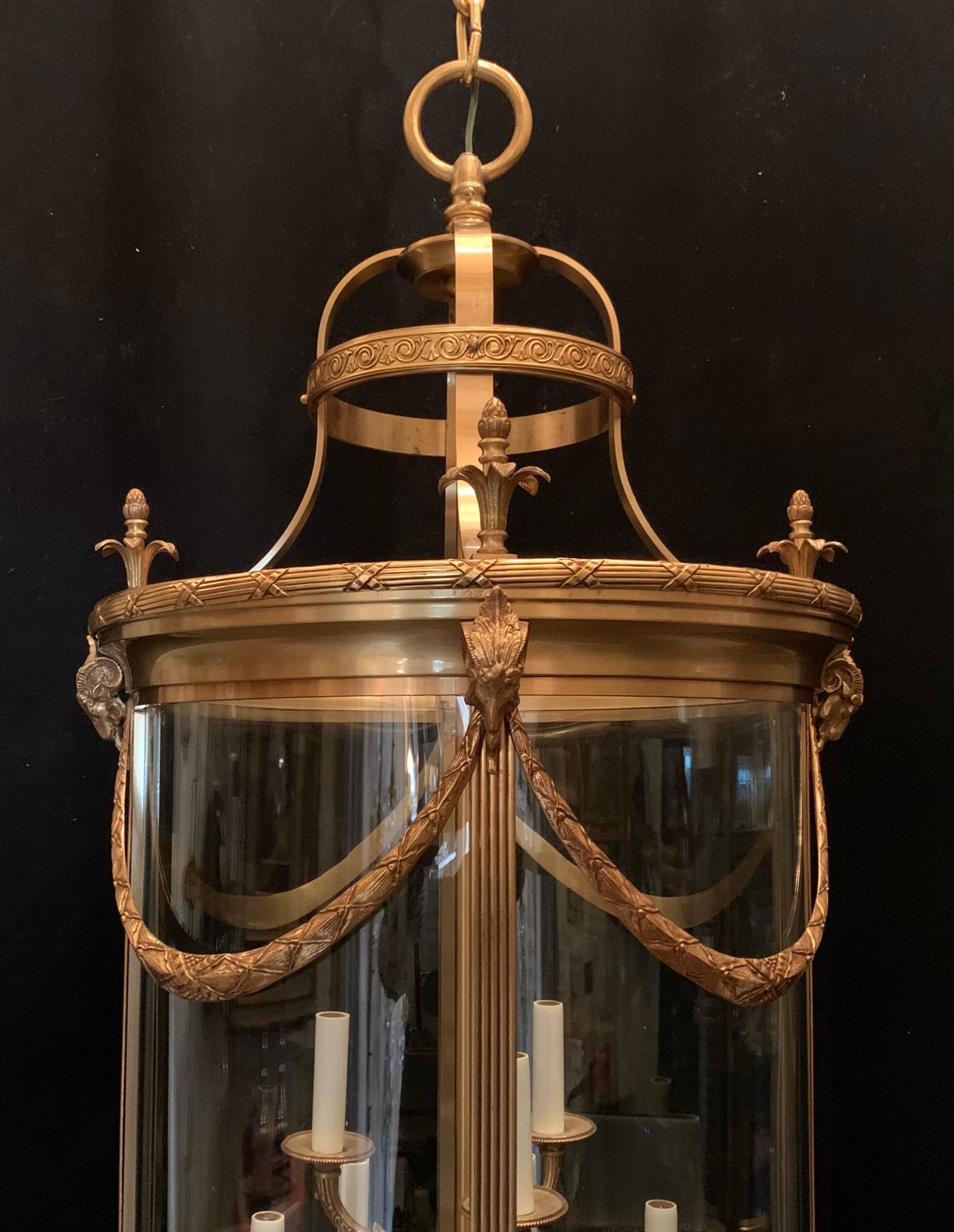 Elegant Large Bronze Louis XVI Neoclassical Lantern Fixture Curved Glass Panels 1