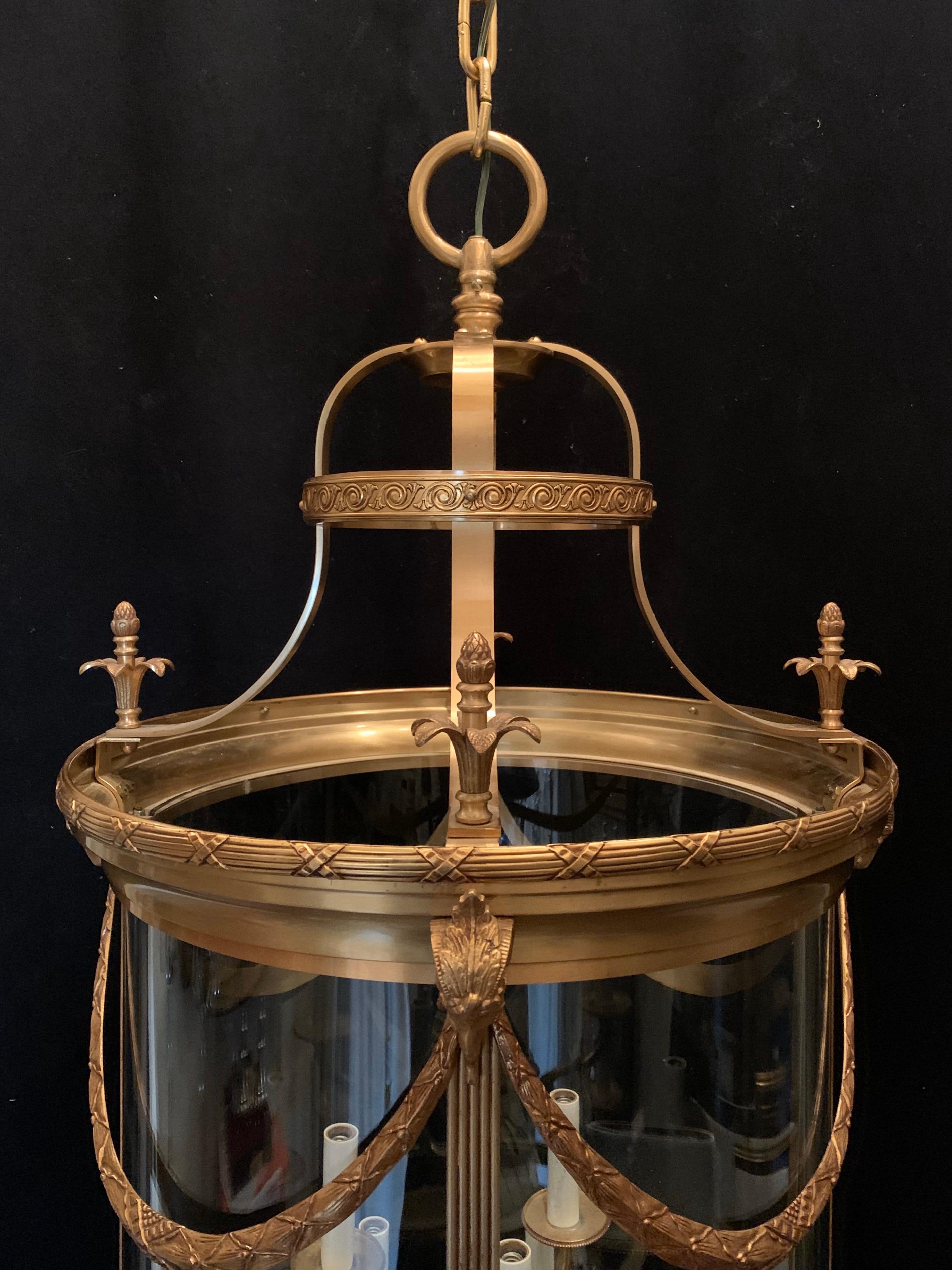 Elegant Large Bronze Louis XVI Neoclassical Lantern Fixture Curved Glass Panels 2